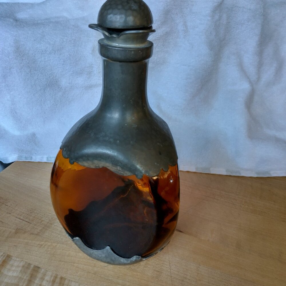 Pinch Decanter, antique, hammered pewter wrapped, amber glass, w/stopper.